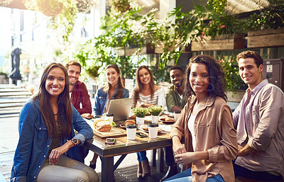 Buy stock photo Cropped portrait of a group of friends out for lunch at a cafe