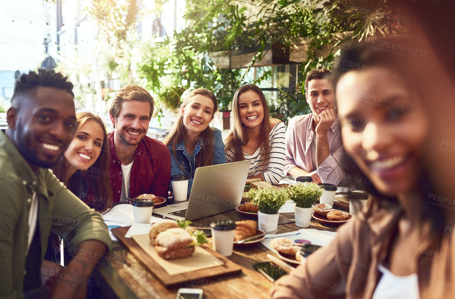 Buy stock photo Creative, selfie and business people in cafe with smile, meeting and happy for startup. Team, lunch and photography at restaurant for about us, inspiration and collaboration with portrait at table