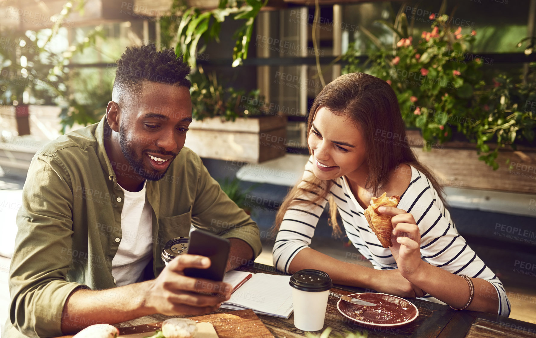 Buy stock photo Restaurant, friends and black man and woman with phone for social media, internet and online website. Coffee shop, communication and happy people bonding on smartphone reading text, message and chat