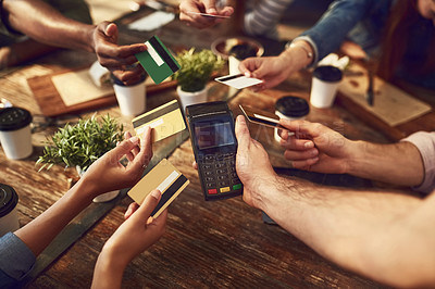 Buy stock photo Hands, credit card or friends at coffee shop for payment, online transaction or pos machine in top view. Waiter, people or debit at cafe service with group together for finance, banking or share bill