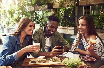 Buy stock photo Breakfast, friends and people with phone in restaurant for social media, mobile app and website. Coffee shop, communication and happy men and women on smartphone for meme, funny internet and online