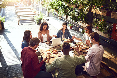 Buy stock photo Above, business and people in meeting with food for finance planning, documents and teamwork of financial budget. Staff, meal and coffee with paperwork, graphs and profit stats for accounting at cafe