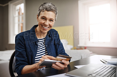 Buy stock photo Credit card, phone and woman portrait for online shopping, ecommerce and fintech payment for home insurance. Finance, pension or financial investment of happy senior person banking, internet and sale