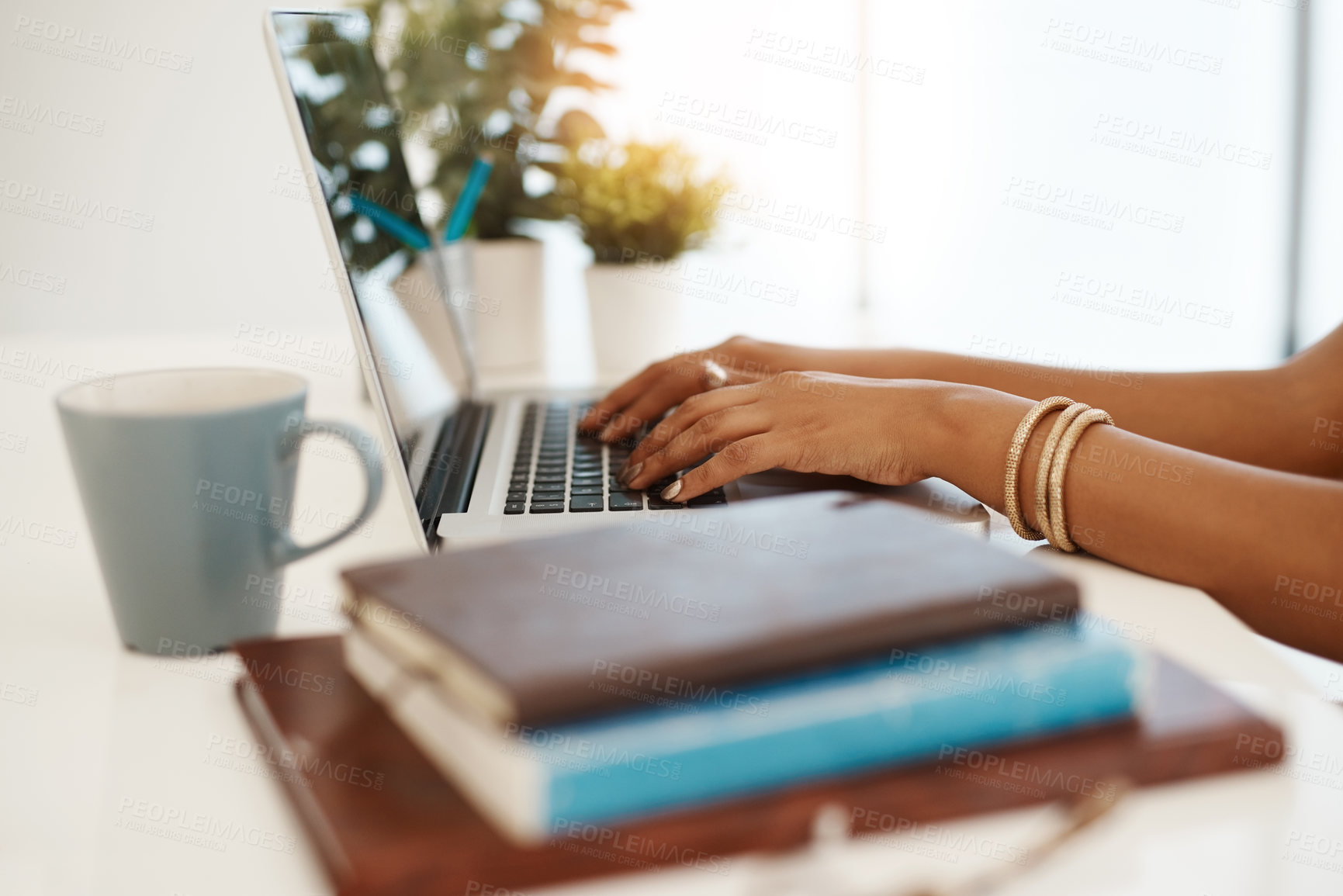 Buy stock photo Coffee, writer or hands of woman on laptop in office for research, editing and creative media agency. Books, news story or journalist with technology for publication website, startup and blog update