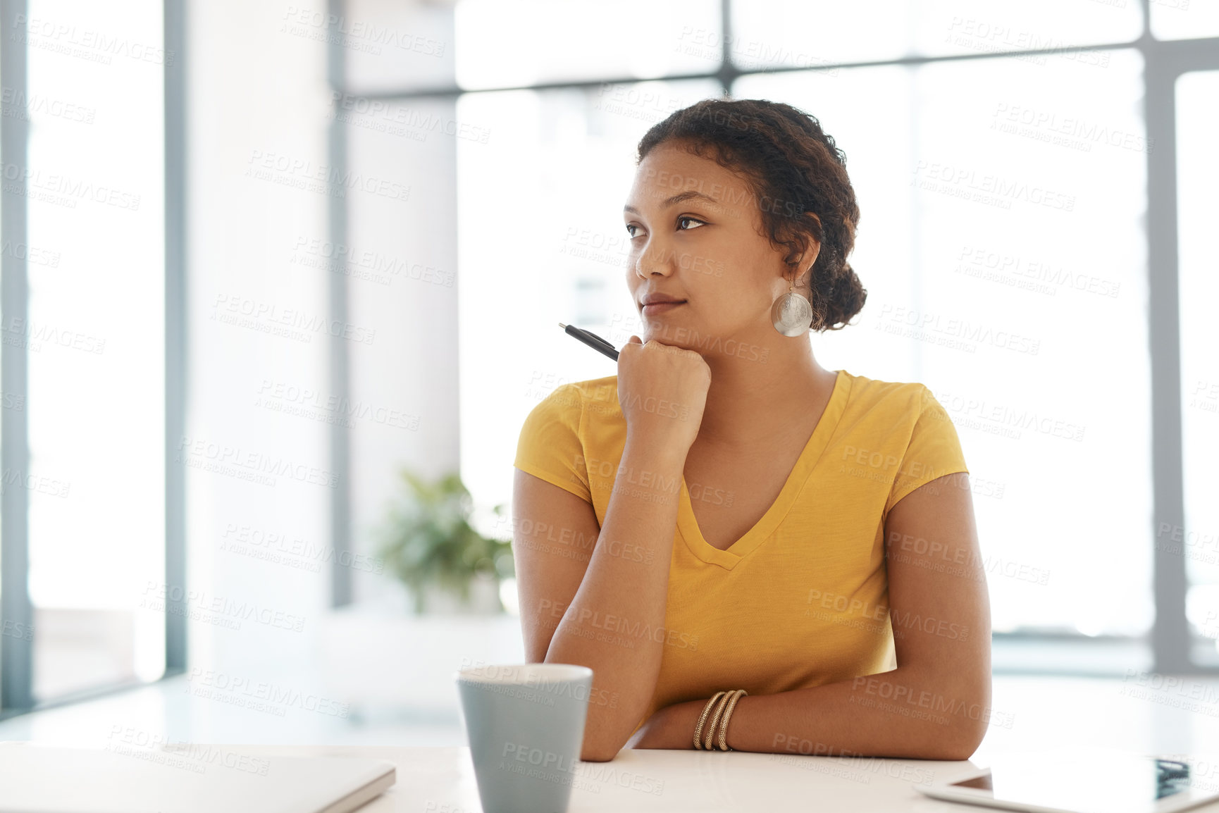 Buy stock photo Business woman, thinking and coffee with ambition for creative mindset, design or inspirtation at office. Young, female person or thoughtful employee in wonder or contemplating for ideas at workplace