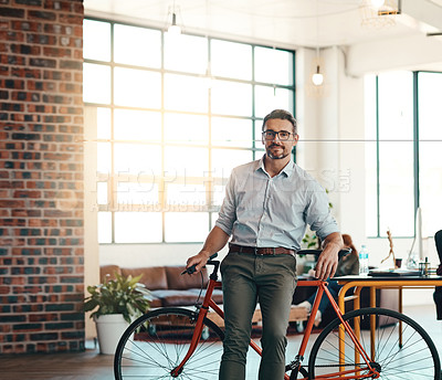 Buy stock photo Office, man and portrait with eco bike for engineer commute, travel and carbon footprint awareness. Eco friendly, transport and bicycle of corporate professional at engineering workplace in Canada.