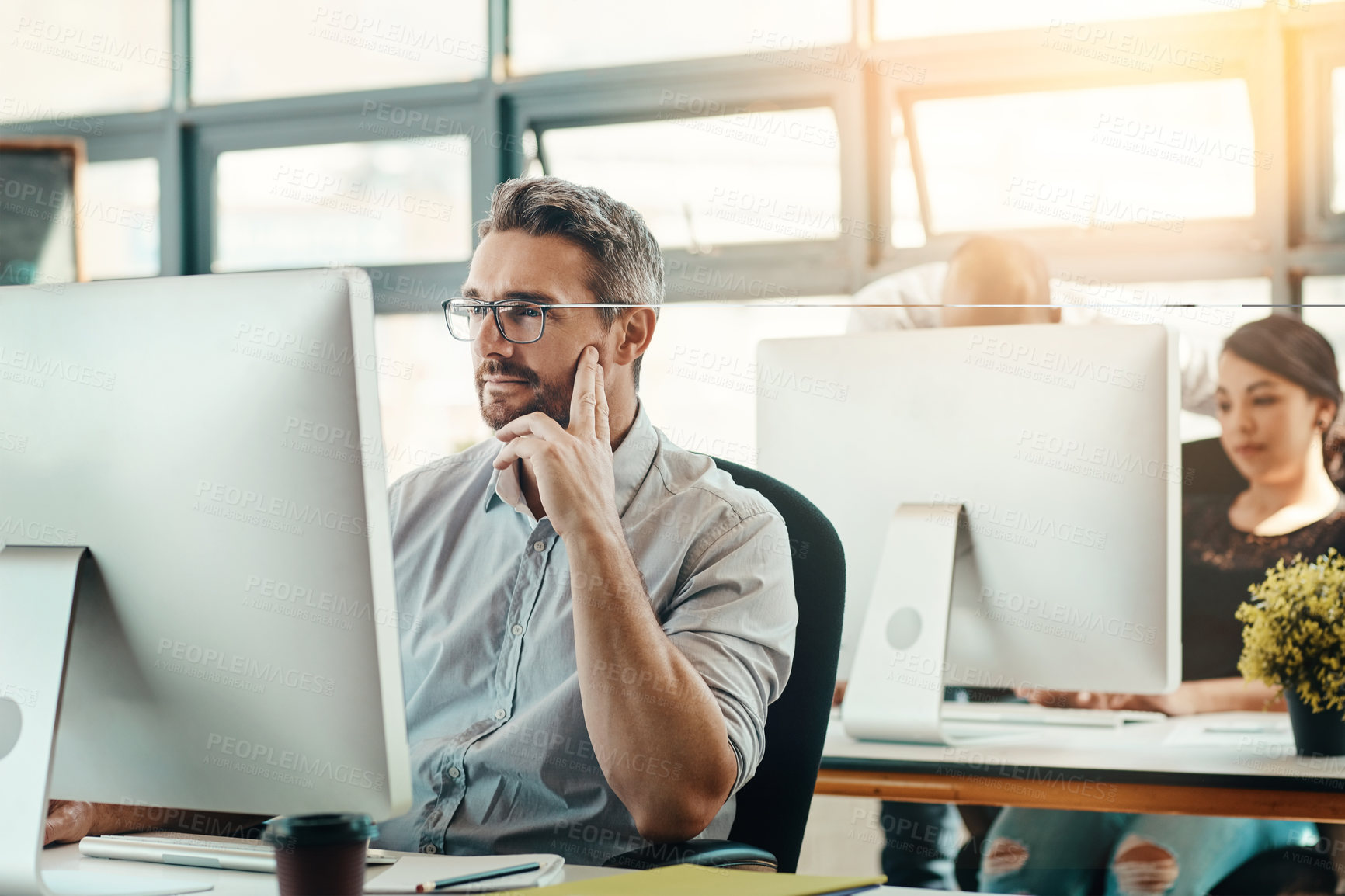 Buy stock photo Business, mature man and thinking on computer for creative design, research and information of project solution. Male person, contemplating and pc for web designer, review app and progress in office