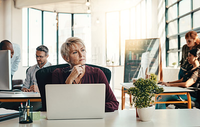 Buy stock photo Mature woman, journalist and thinking with laptop for web design, ideas or improvement at office. Creative senior, female person or designer in wonder for content creation, online service or startup