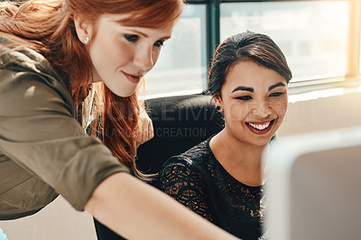 Buy stock photo Business woman, computer and coach with idea in team collaboration for strategy or planning at the office. Female mentor coaching or training staff on technology in teamwork for solution at workplace