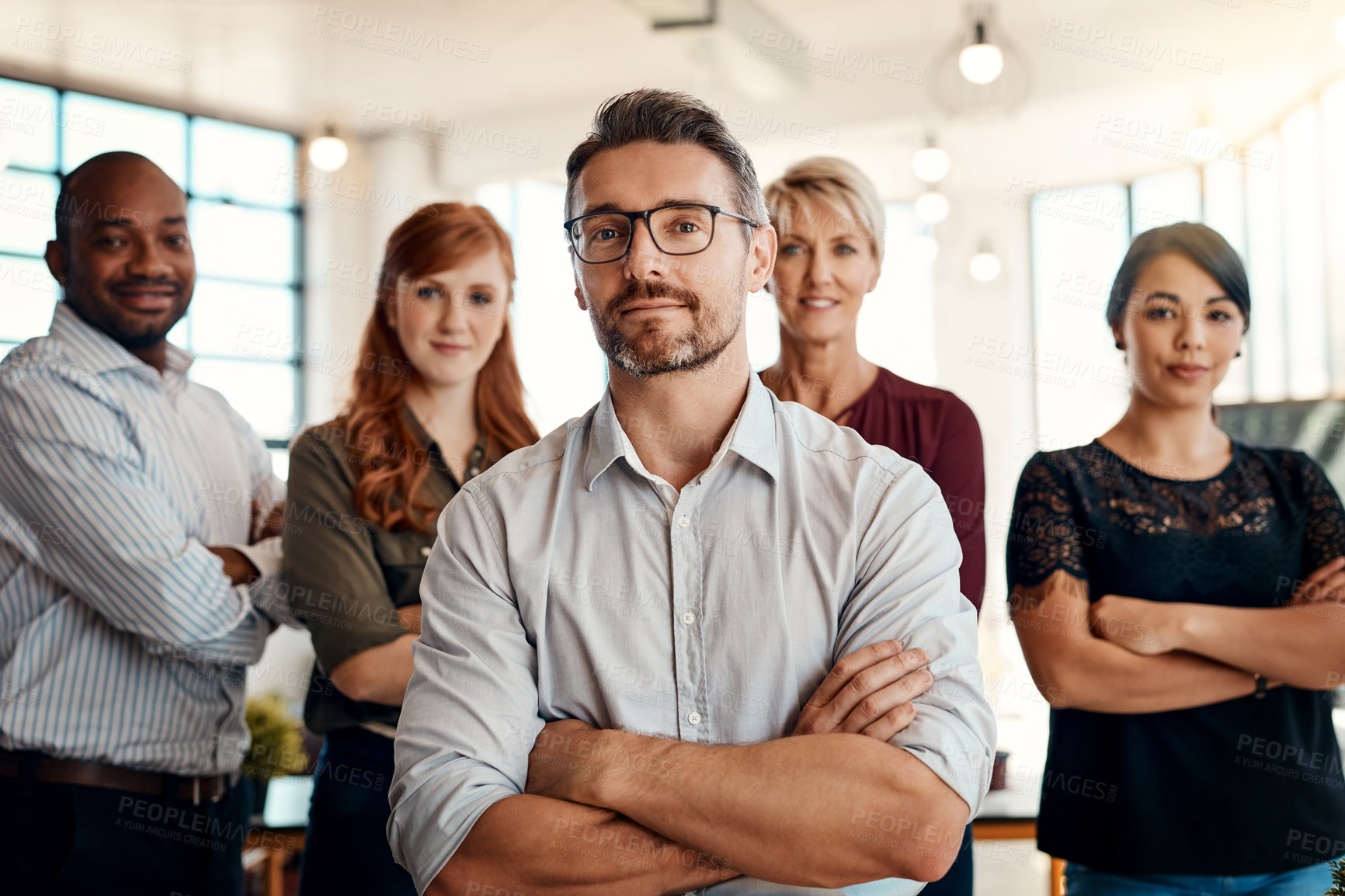 Buy stock photo Businessman, portrait and arms crossed in management, leadership or executive team at office. Confident business people or professional standing in confidence for teamwork or about us at workplace