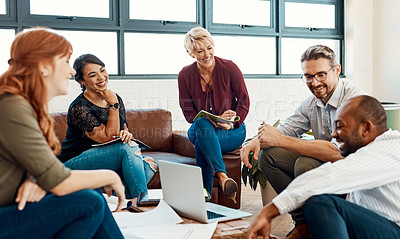 Buy stock photo Happy business people, creative meeting and teamwork in fun collaboration, planning or strategy at office. Friendly group of employees laughing in funny team discussion, project plan or startup