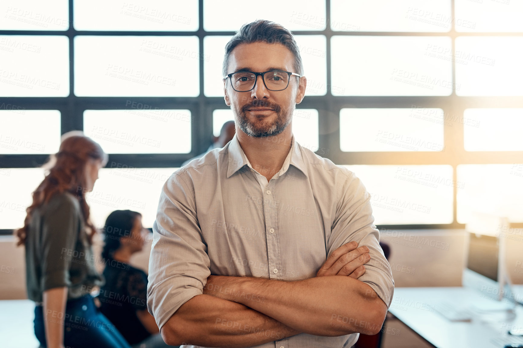 Buy stock photo Portrait of a confident mature businessman standing in a modern office with his colleagues in the background