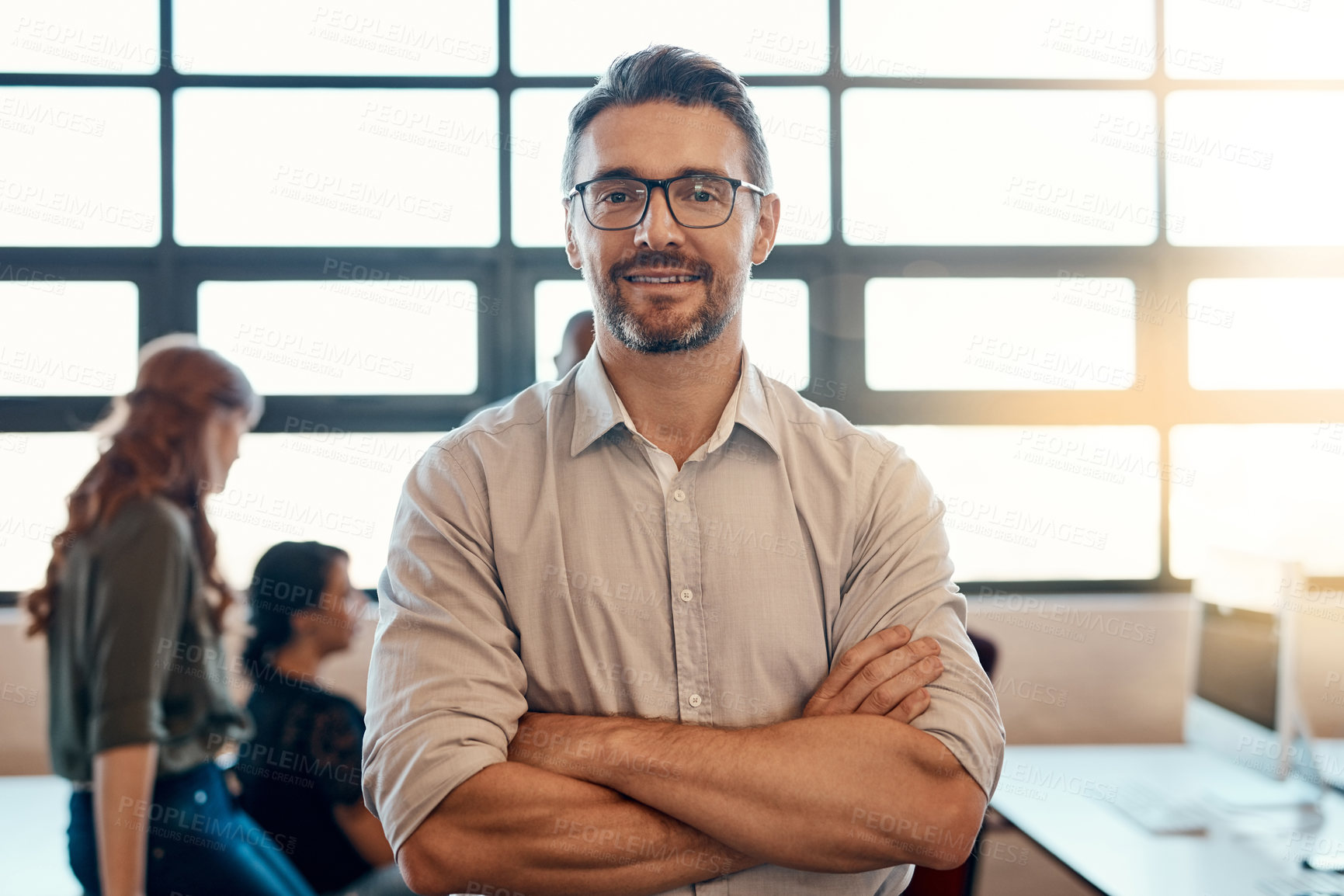 Buy stock photo Portrait, smile and business man with arms crossed for coworking, pride or opportunity. Face, confidence or manager, entrepreneur or creative editor with glasses in startup for leadership experience