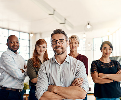 Buy stock photo Businessman, portrait and team with arms crossed in management, leadership or creative group at the office. Confident business people or professional in teamwork, startup or about us at the workplace