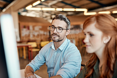 Buy stock photo Business people, computer and help with mentor, advice and planning with conversation and teamwork. Staff, employees and coaching with pc, cooperation and collaboration with advice, ideas and talking