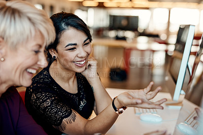 Buy stock photo Happy business woman, coach and computer laughing in fun collaboration for idea, strategy or planning at office. Friendly female person or mentor coaching or training staff with smile on technology