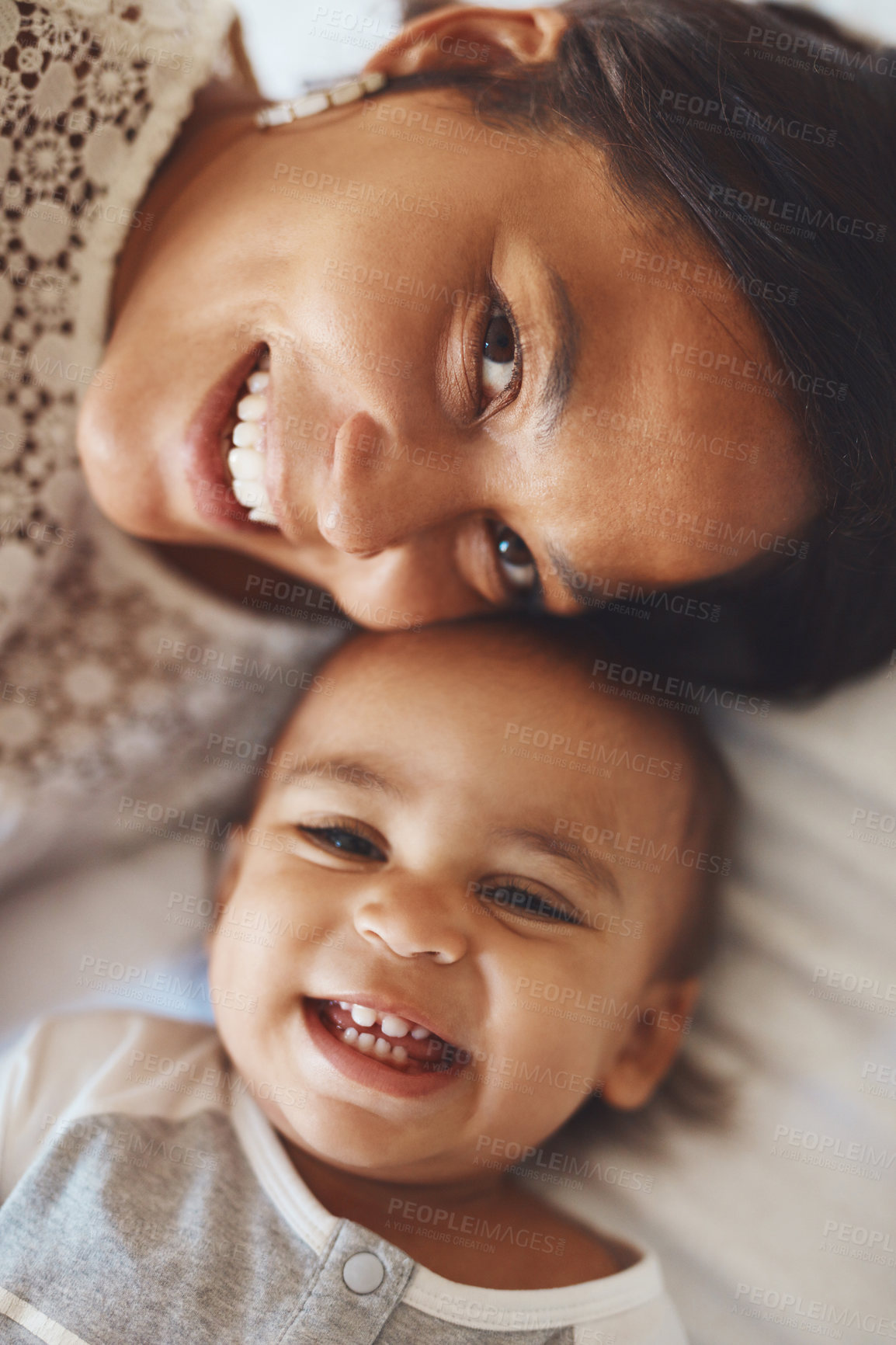 Buy stock photo Above, mother and baby in bedroom with portrait, maternal or care and support for growth or development. Mom, boy toddler and together in house for bonding, emotional connection or wellness.