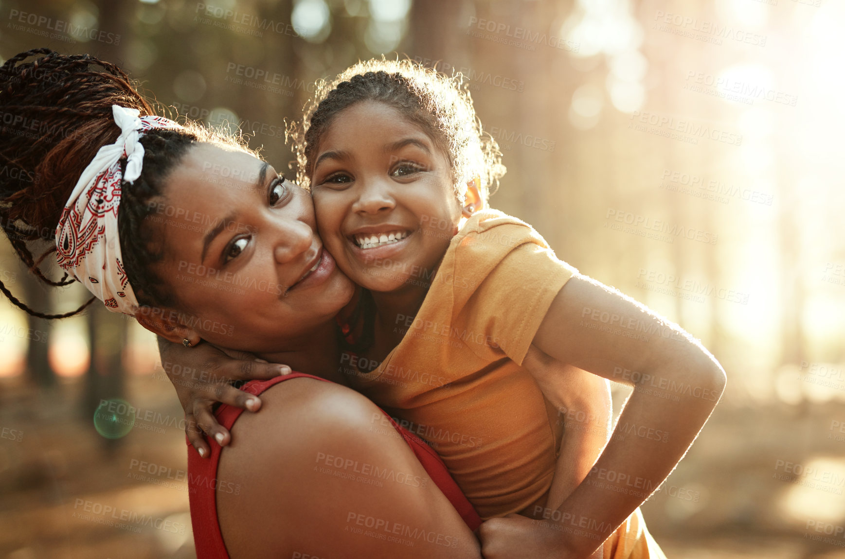 Buy stock photo Mother, girl and outdoor smile with portrait for adventure in forest with bonding for love and care. Hiking, mom and daughter with freedom, hugging and explore together in park, woods or nature