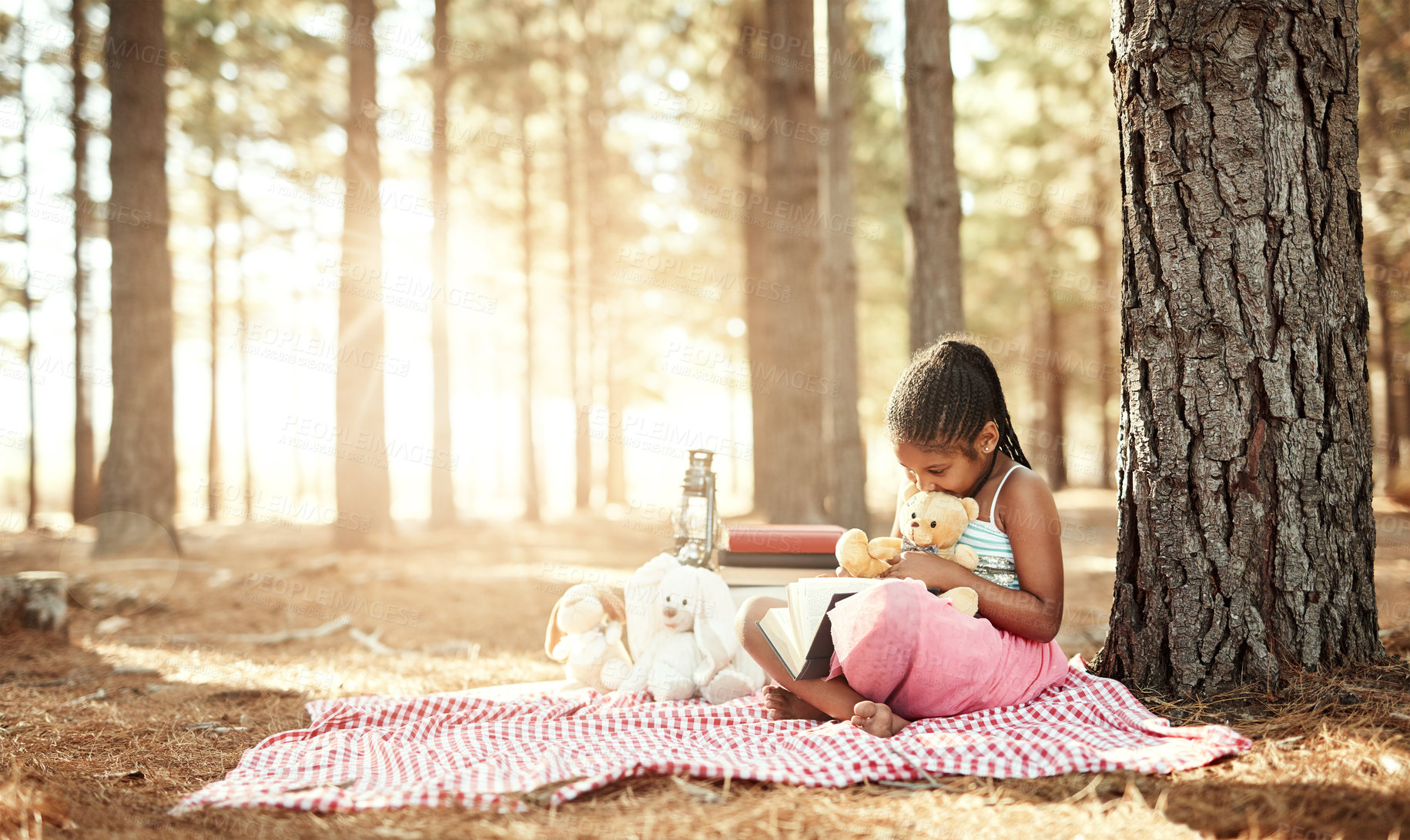 Buy stock photo African child, relax and reading book outdoor for learning, study or education in forest. Picnic blanket, park and girl with story, magic fairytale or fantasy for knowledge on holiday with teddy bear