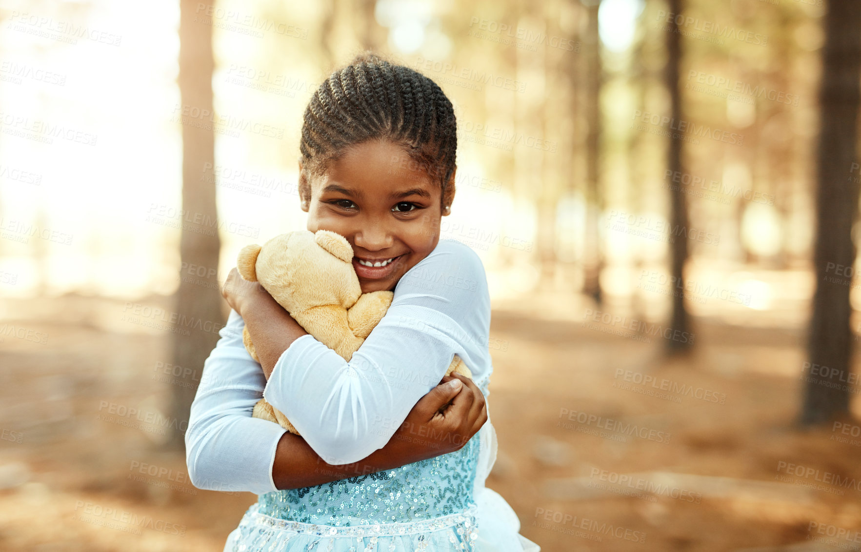 Buy stock photo Portrait of a little girl playing in the woods with her teddybear