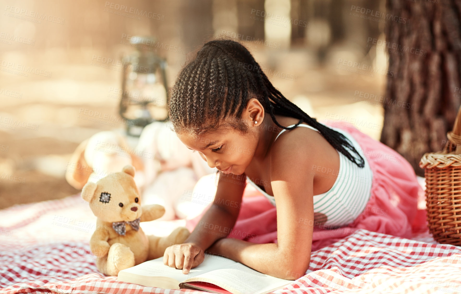 Buy stock photo African kid, teddy bear and reading book at park for learning, study and relax in forest for education. Picnic blanket, outdoor and girl child with story, magic fairytale and fantasy for knowledge