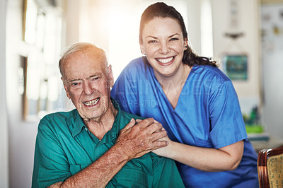 Buy stock photo Senior, happy man and portrait with caregiver for elderly care, support or trust together in healthcare at old age home. Male person, medical nurse or volunteer with patient in retirement at house