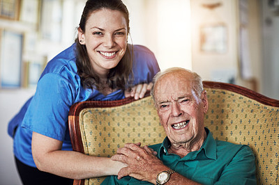 Buy stock photo Senior, happy man and portrait with caregiver for support, elderly care or trust together in healthcare at old age home. Male person, medical nurse or volunteer with patient in retirement at house
