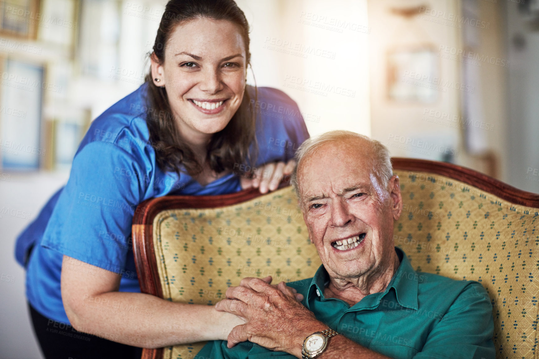 Buy stock photo Senior, happy man and portrait with caregiver for support, elderly care or trust together in healthcare at old age home. Male person, medical nurse or volunteer with patient in retirement at house