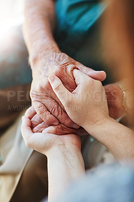 Buy stock photo Woman, senior man and holding hands for support with care and empathy while together for closeup. Hand of elderly male and person for hope, trust and kindness or help with life insurance and health