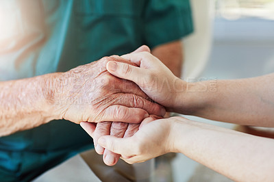 Buy stock photo Elderly man, woman and holding hands for care, support and empathy while together for closeup. Hand of senior male and person for hope, trust and kindness or help with life insurance and health
