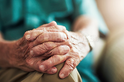 Buy stock photo Senior person, relax and hands on knee with retirement, old age and support for care in nursing home. Elderly man, skin wrinkles and fingers with arthritis symptoms, medical problem and joint pain