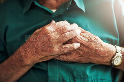 Buy stock photo Elderly man, hands on chest and heart attack, sick or medical emergency. Pain, cardiology and senior male person with cardiac arrest, heartburn or stroke, breathing problem or retirement health risk.