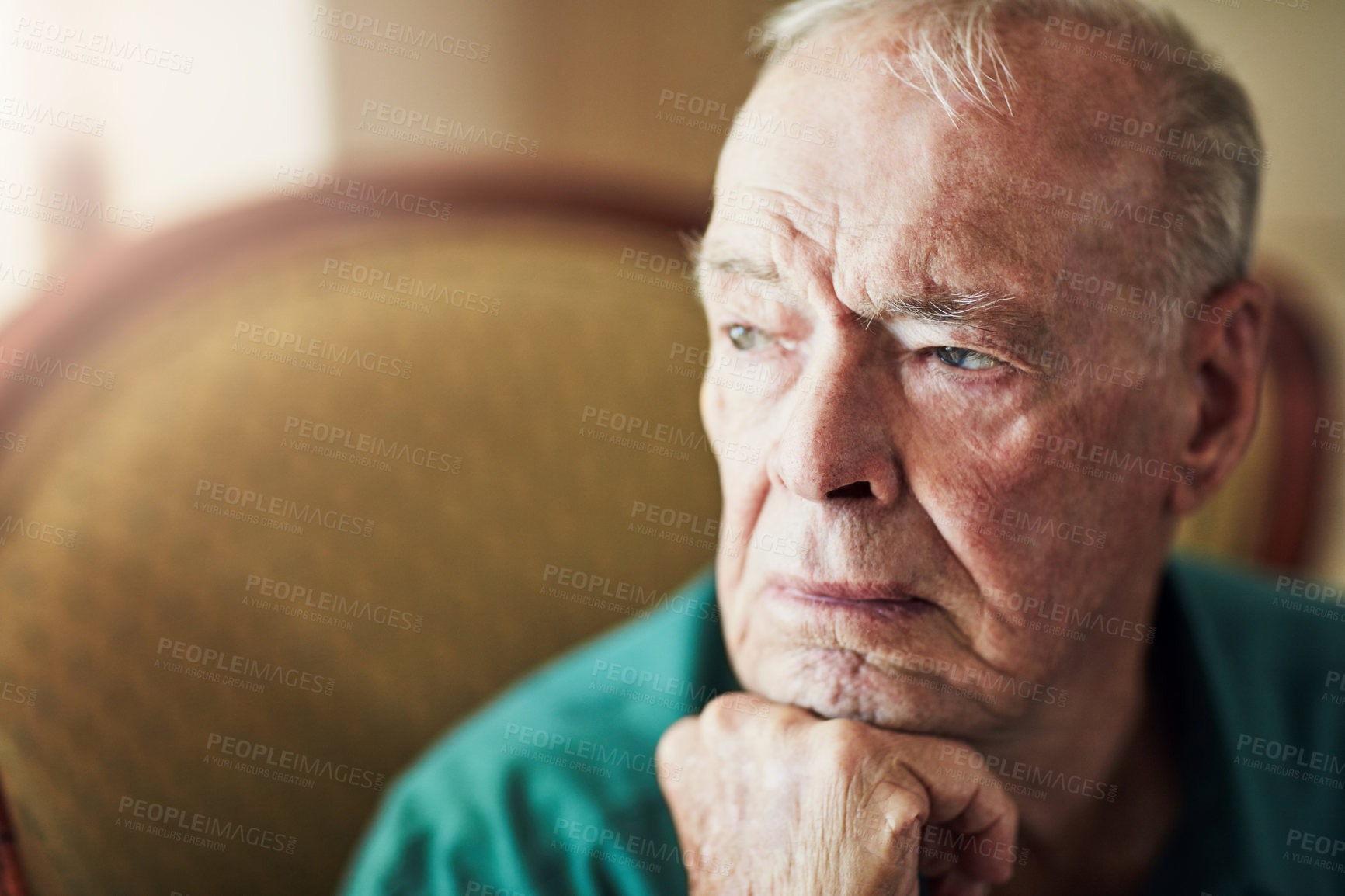 Buy stock photo Senior, man and depression with thinking of memory in retirement home with remember, nostalgia or reflection on sofa. Elderly, person and sad with alzheimers, lonely and thoughtful on couch or mockup