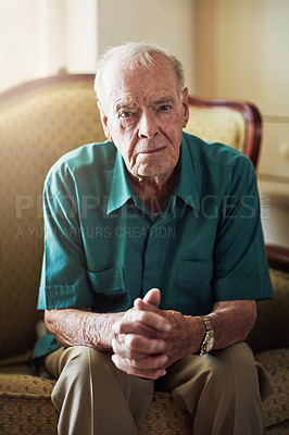 Buy stock photo House, senior and portrait of man, thinking and memory in living room, couch and healthcare of person. Nursing home, lounge and wellness for Alzheimer's, retirement and mental health for patient