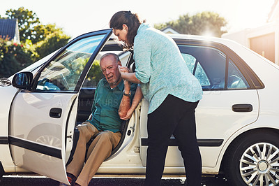 Buy stock photo Car, transport and caregiver help old man for assisted living, retirement care and rehabilitation. Travel, transportation and woman helping elderly male person from motor vehicle for health service