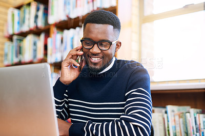 Buy stock photo Black man, smile and laptop with phone call in library for university website, results and communication. Happy, student and technology with discussion for education, online information and planning