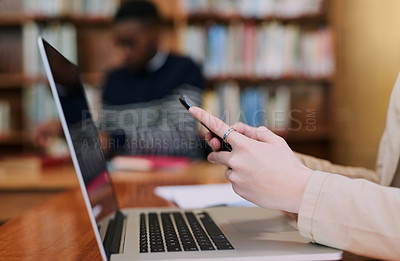 Buy stock photo Smartphone, library and hands of woman with laptop at university for education, communication or online chat. Computer, phone and college student on mobile app for study schedule, research or project