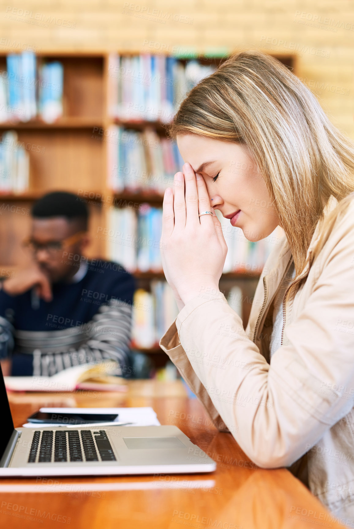 Buy stock photo Praying, library and woman with laptop, hope and fatigue in overtime on research project at university. Gratitude, thinking and tired college student with deadline, study schedule and online course