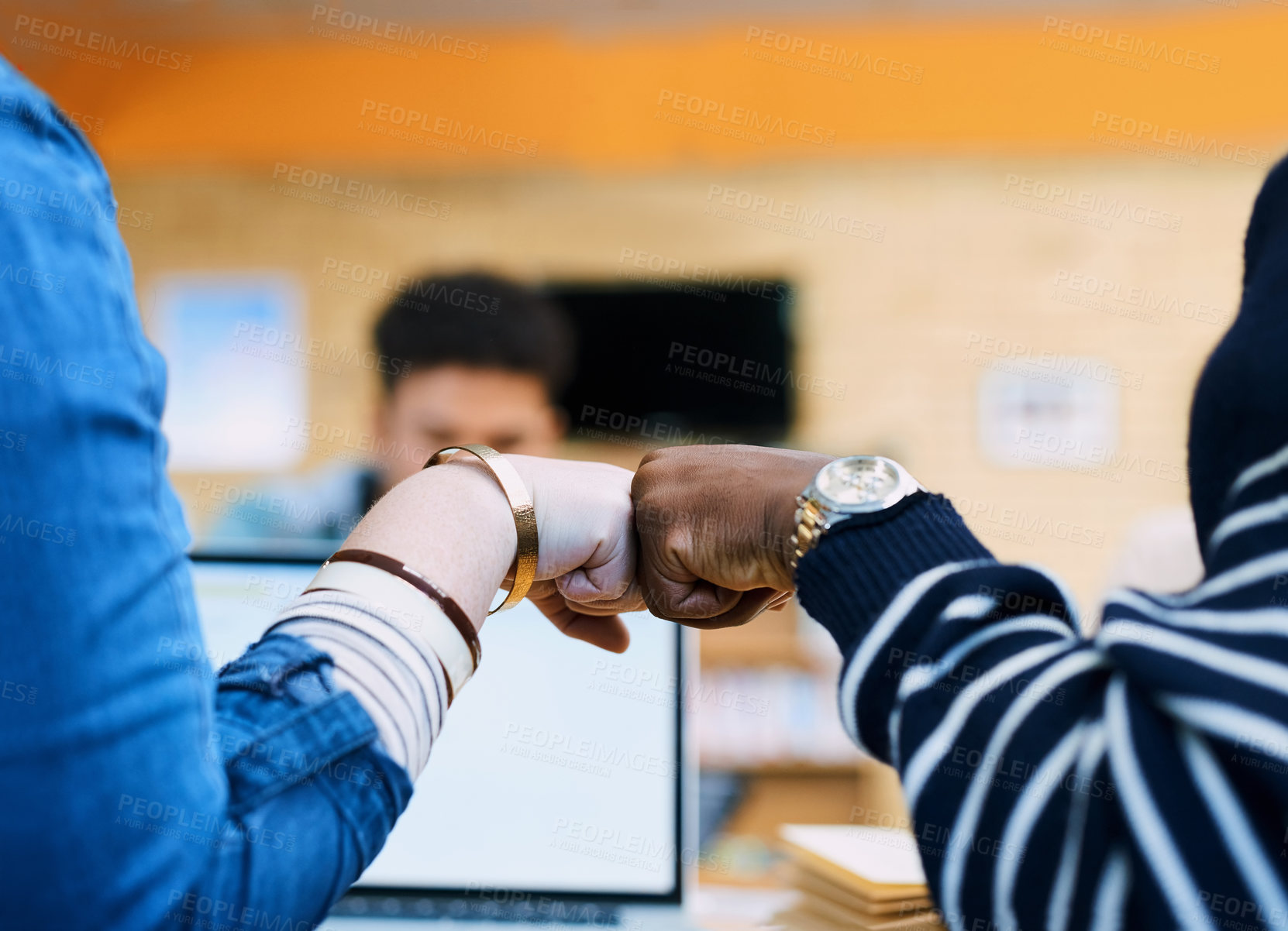 Buy stock photo Hands, students and fist bump in library at college, motivation and celebration with group at campus. People, connection and success with solidarity, learning or goal for scholarship at university