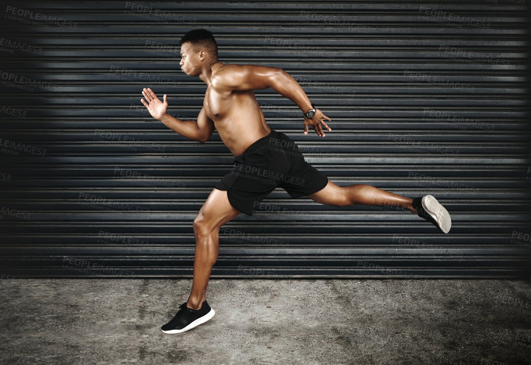 Buy stock photo Body, black man or running at speed, fitness or workout of exercise, energy or cardio for health. Strong, muscular or male runner on dark background, training and wellness routine for performance