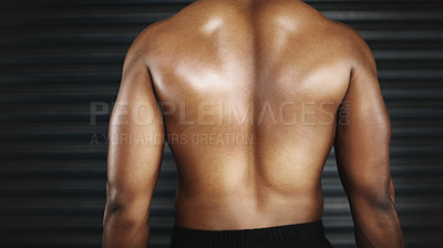 Buy stock photo Rear view, person and back for muscles, fitness and physical strength for workout and bodybuilding. Body, exercise and skin for wellness or ripped for health, gym or active for strong on mockup