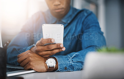 Buy stock photo Business, hands and man with cellphone, typing and check email for deadline and research for company website. Sports journalism or worker with smartphone and message with online reading for story