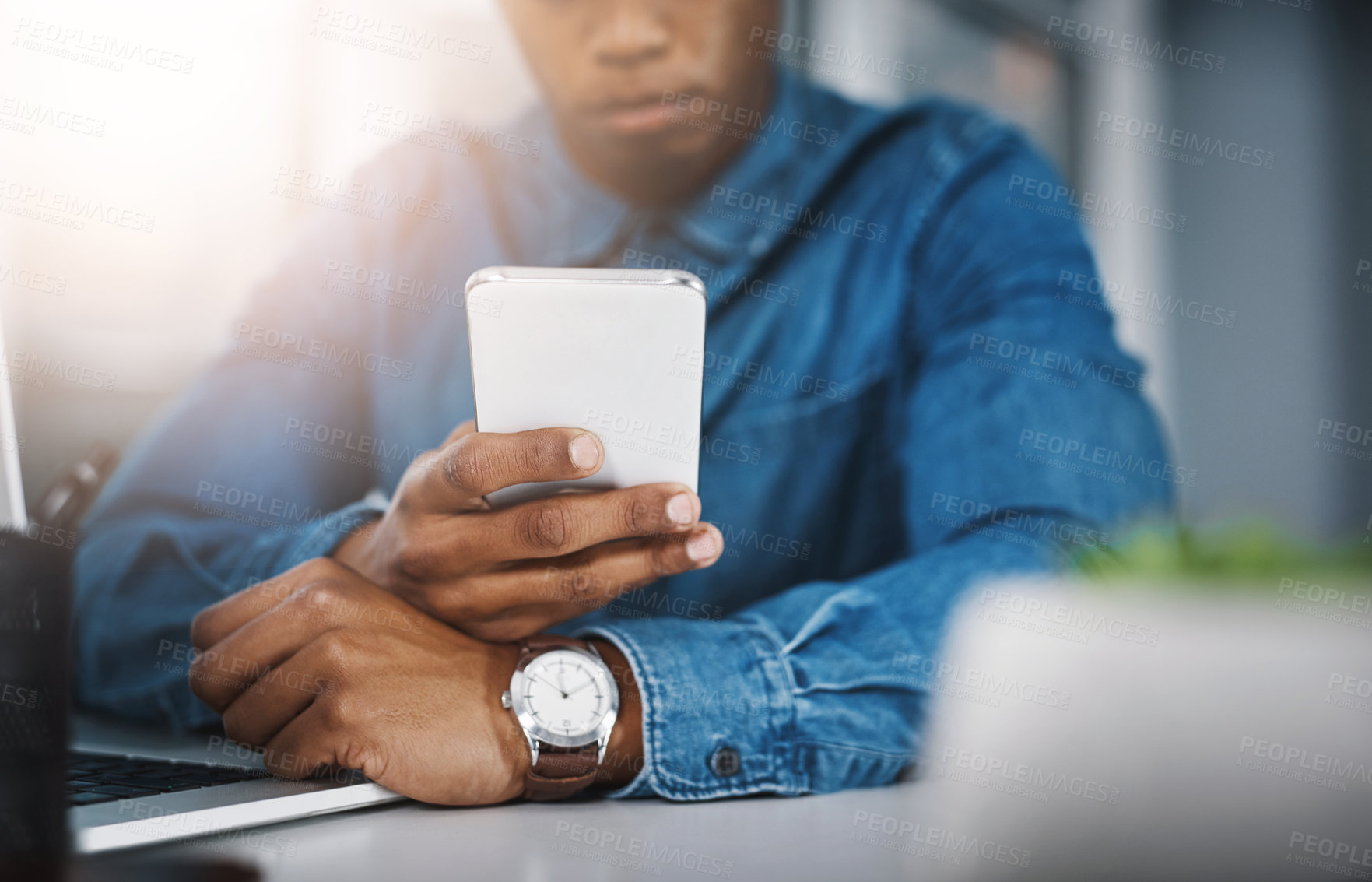 Buy stock photo Business, hands and man with cellphone, typing and check email for deadline and research for company website. Sports journalism or worker with smartphone and message with online reading for story