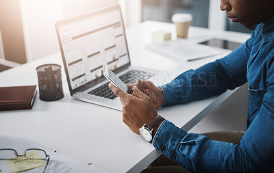 Buy stock photo Closeup, hands and man with a smartphone, business and typing with communication, network and contact. Male person, employee or consultant with a cellphone, mobile app and connection for social media