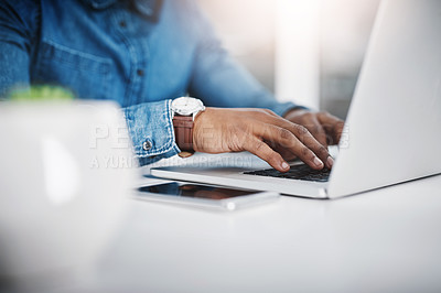 Buy stock photo Hands, laptop and phone on desk, freelance or work on social media, email or website update. Closeup person, typing or copywriting of blog, post or article as online communication, research and seo