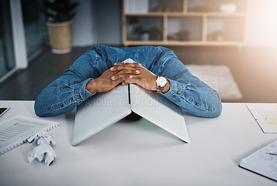 Buy stock photo Businessman, frustrated and laptop covering head in office and tired, depressed employee sleeping on desk. Man, work  and stress or burnout, problem or technology fail, workload and headache  