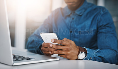 Buy stock photo Office, hands or man with smartphone, laptop or check email for story or online reading for website info. guy, journalist or writer with cellphone or social media with research for article or contact