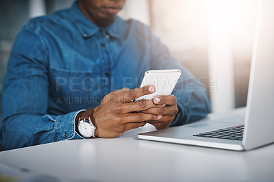 Buy stock photo Office, hands and man with cellphone, typing and check email for schedule and online reading for information. Person, journalist and writer with smartphone and social media with research for article