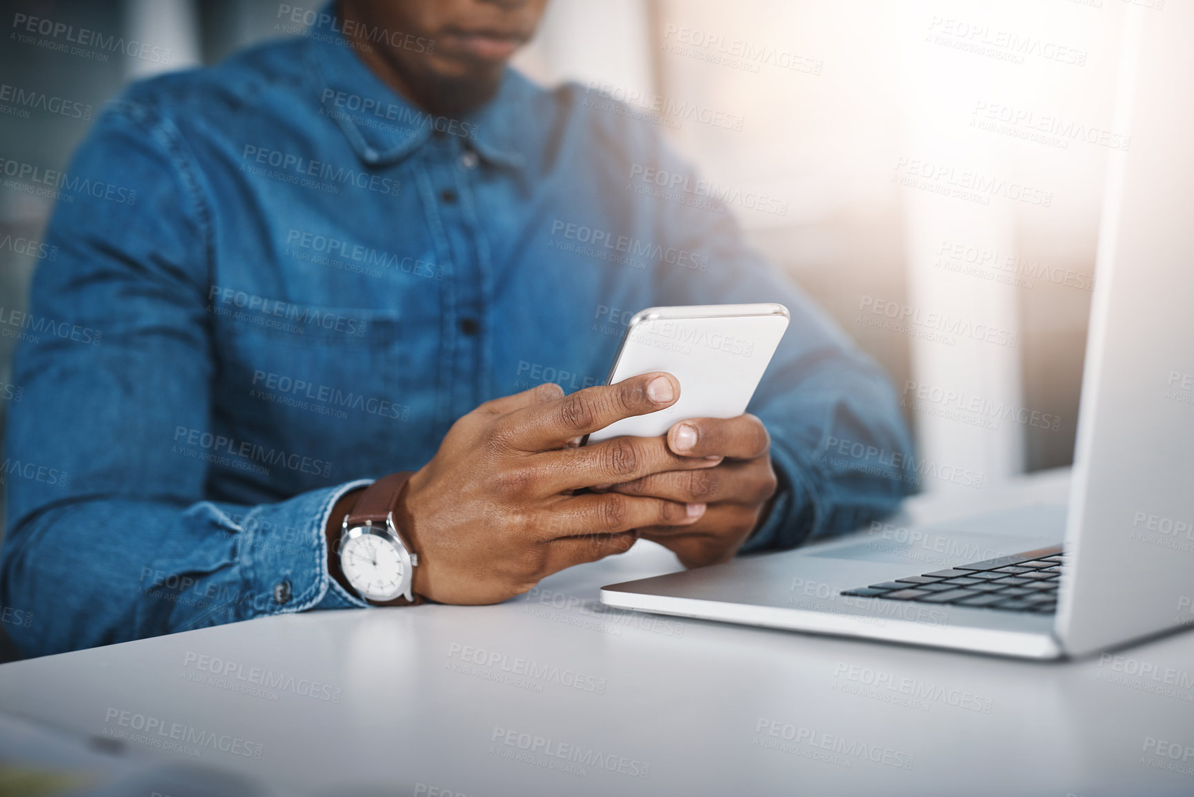 Buy stock photo Office, hands and man with cellphone, typing and check email for schedule and online reading for information. Person, journalist and writer with smartphone and social media with research for article