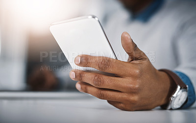 Buy stock photo Scroll, phone and hand of man at desk for communication, networking or online research at tech startup. Mobile app, smartphone and businessman with internet, connection and career in web management